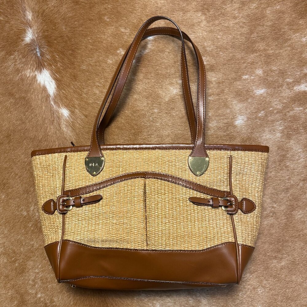 Ralph Lauren RLL Straw and Leather Tote Bag - Classic Tan with Buckle Detail